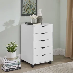 5 Drawer Tall Dresser with Wheels, 180 lbs Capacity, White