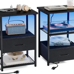 Night Stand Set of 2, Charging Station, LED with Fabric Drawers,