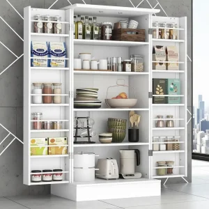 White Freestanding Kitchen Pantry Cabinet with Doors and Adjustable Shelves