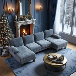 4-Seat U-Shaped Sectional Sofa with Double Chaise, Corduroy Fabric