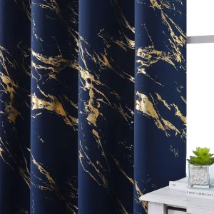 Navy Blue and Gold 100 Blackout Patterned Curtains 63 Inches Long 2 Panels