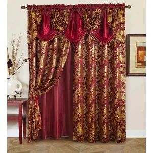 Jacquard Luxury Window 2 Panel Set Burgundy Gold Attached Valance