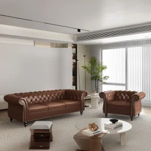 2-Piece Living Room Set: Leather Sofa Loveseat with Scroll Arms with Nailhead.