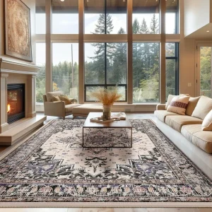 9x12 Rugs - Washable Soft Vintage Print Non-Slip Low Pile Black/Beige/Purple