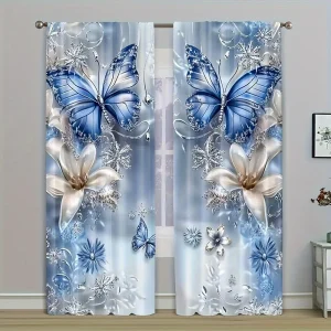 Blue Floral Butterfly Curtains Set of 2 with Rod Pocket Sheer Drapes