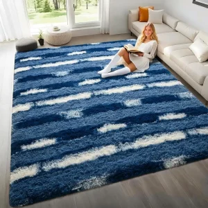 Soft Fluffy Blue & White 5x7 Rugs Machine Washable Indoor Decor