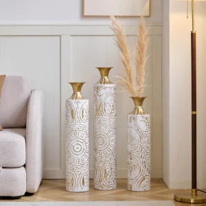 Set of 3 White & Gold Metal Vases 24in/28.7in/33.5in Tall