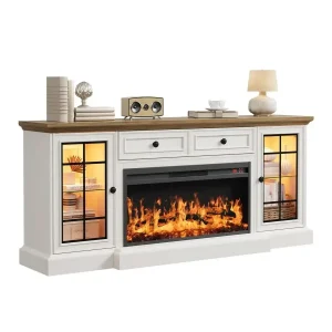 TV Stand Up to 80 TVs, with 36 Electric Fireplace amp LED Lights, Farmhouse Media Console