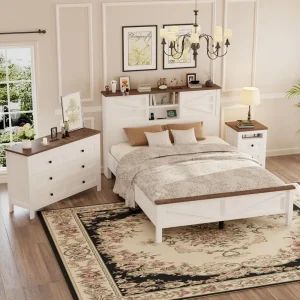 3-Pieces Bedroom Sets Queen Size Farmhouse Platform Bed with Double Sliding Door Storage Headboard, Storage Nightstand and Dress