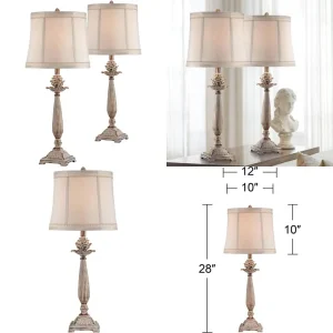 Shabby Chic Table Lamps Set of 2, 28 Tall, Antique White Washed