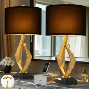 Set of 2 Gold Leaf Farmhouse Table Lamps with USB Ports
