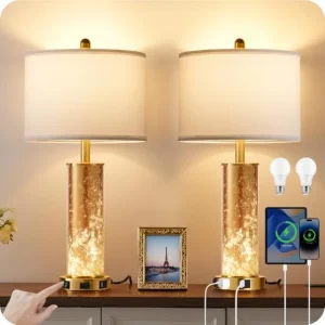 25.6" Gold Table Lamps Set of 2 Tall Bedside Lamps with Nightlight with USB Ports