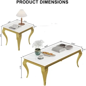 3 Pieces Living Room Table Set, Faux Marble Coffee Table with 2 End Side Tables, Stainless Steel Base Mirrored Finish for Home O