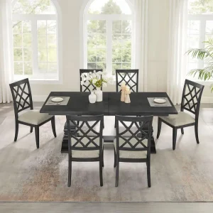 Extendable 7-Piece Retro Wooden Dining Set for 6, Curved Table & Upholstered Chairs