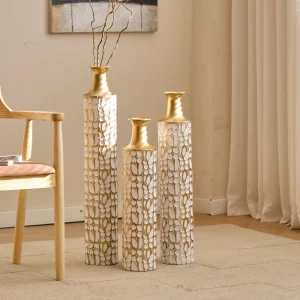 Set of 3 Decorative Tall Floor Vases Metal Gold Leaf Pattern Modern Vases