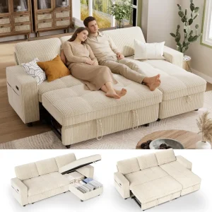 Sectional Sleeper Couch with Pull Out Bed, L Shaped Plush Corduroy with Reclining Backrest & Storage