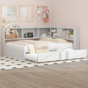 Full Size Metal Daybed with Trundle, Storage Cabinets & USB Ports, White Finish