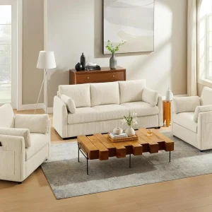 3 Pieces Corduroy Living Room Sofa Sets, with Set of 2 Reading Armchairs, Comfy Pillows and Storage