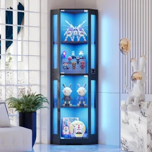 65" Corner Glass Display Cabinet with LED Lights, 4-Tier Glass Doors & Human Body Sensor